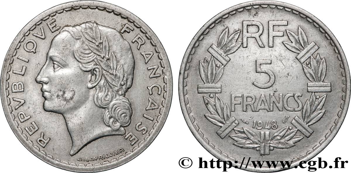 5 francs Lavrillier, aluminium, 9 fermé 1948  F.339/14 XF 