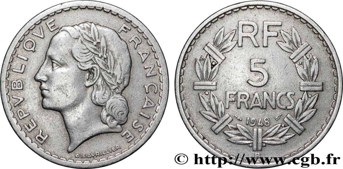 5 francs Lavrillier, aluminium 1948 Beaumont-Le-Roger F.339/15 VF 