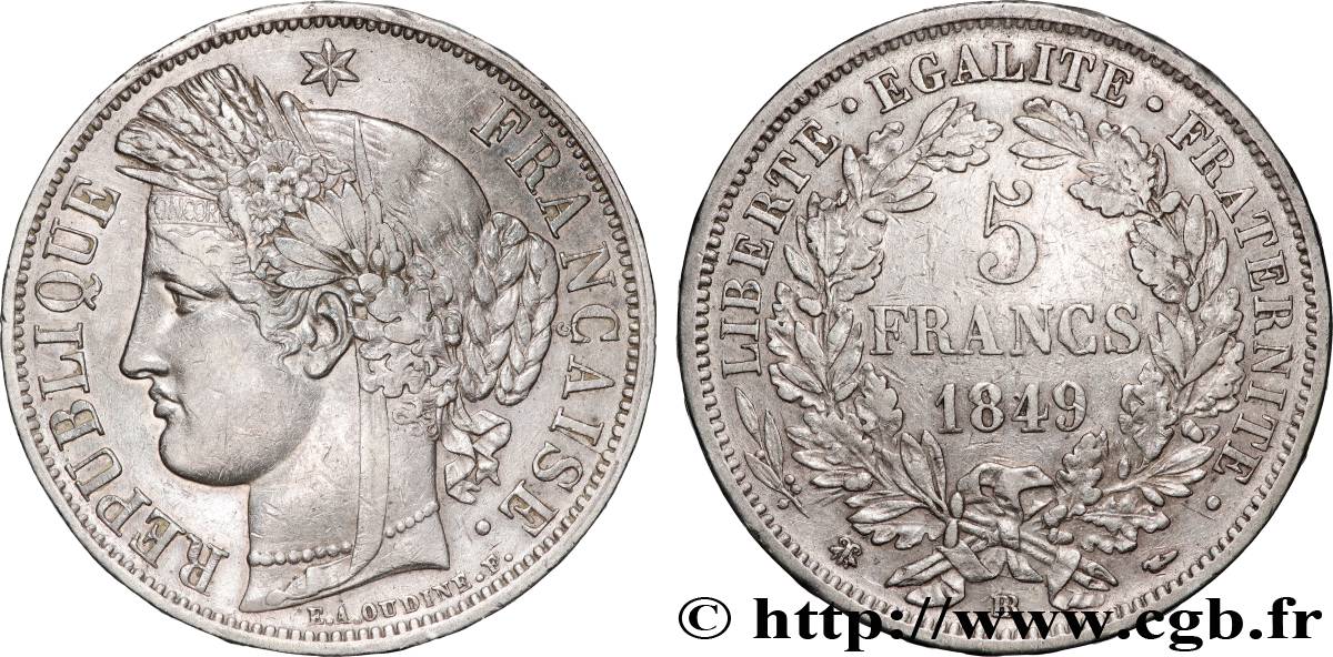 5 francs Cérès, IIe République 1849 Strasbourg F.327/3 TTB 