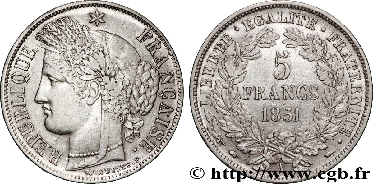 5 francs Cérès, IIe République 1851 Paris F.327/7 TTB+ 