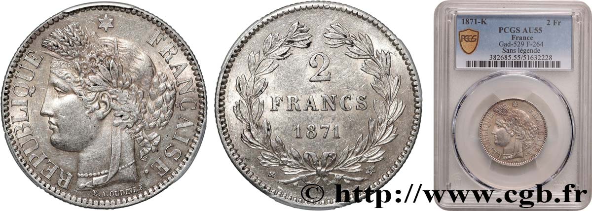 2 francs Cérès, sans légende 1871 Bordeaux F.264/4 SUP55 PCGS