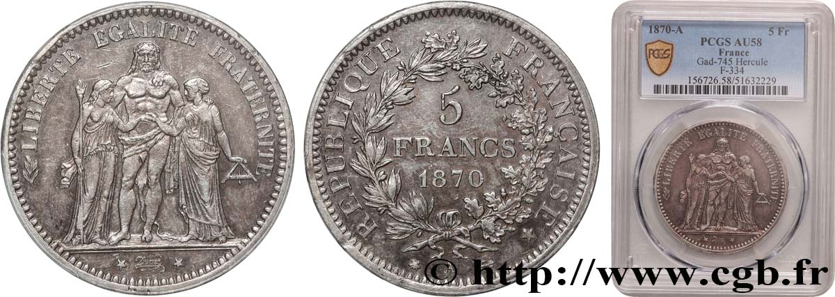 5 francs Hercule 1870 Paris F.334/1 AU58 PCGS
