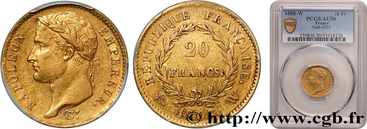 20 francs or Napoléon tête laurée, République française 1808 Lille F.515/8 SS50 PCGS