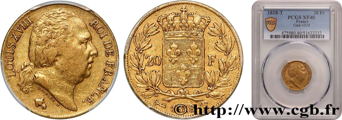 20 francs or Louis XVIII, tête nue 1818 Nantes F.519/13 TTB40 PCGS