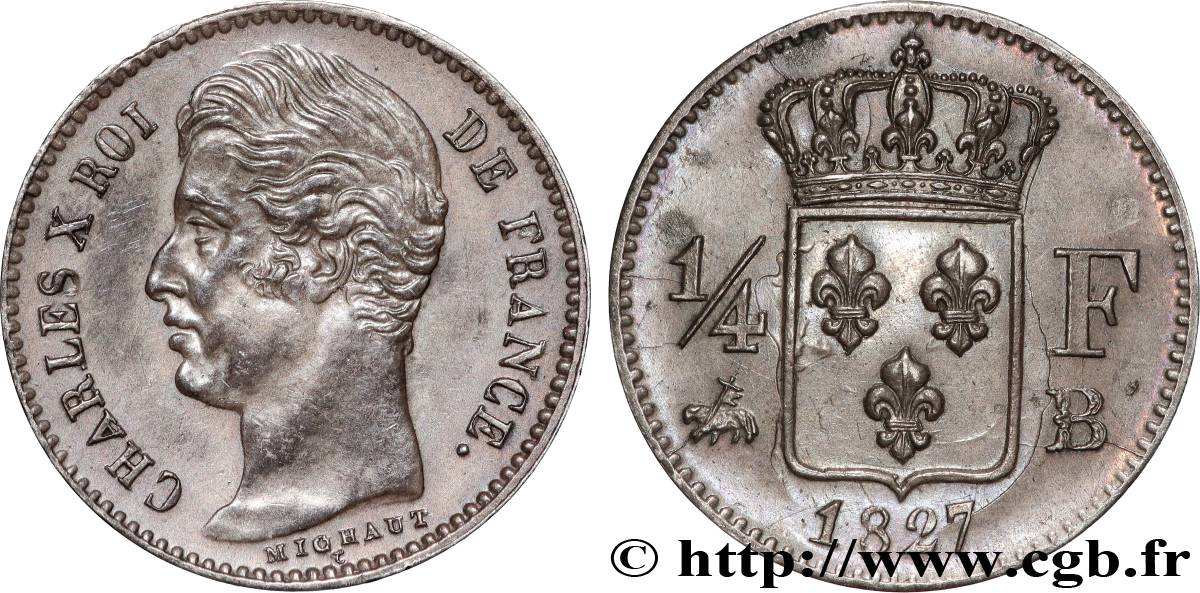 1/4 franc Charles X 1827 Rouen F.164/11 fVZ 