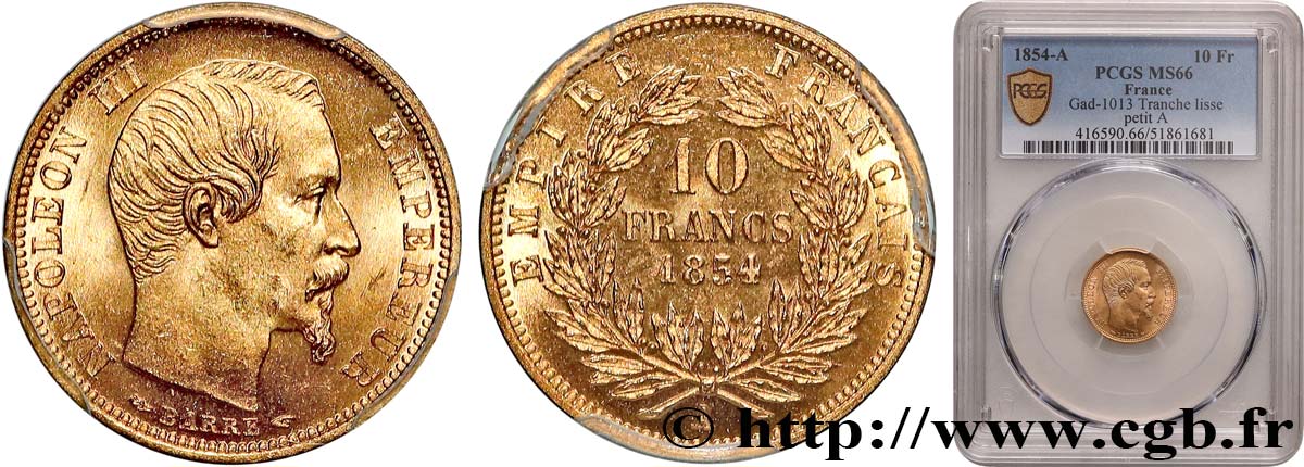 10 francs or Napoléon III, tête nue, petit module, tranche lisse 1854 Paris F.505/1 FDC66 PCGS