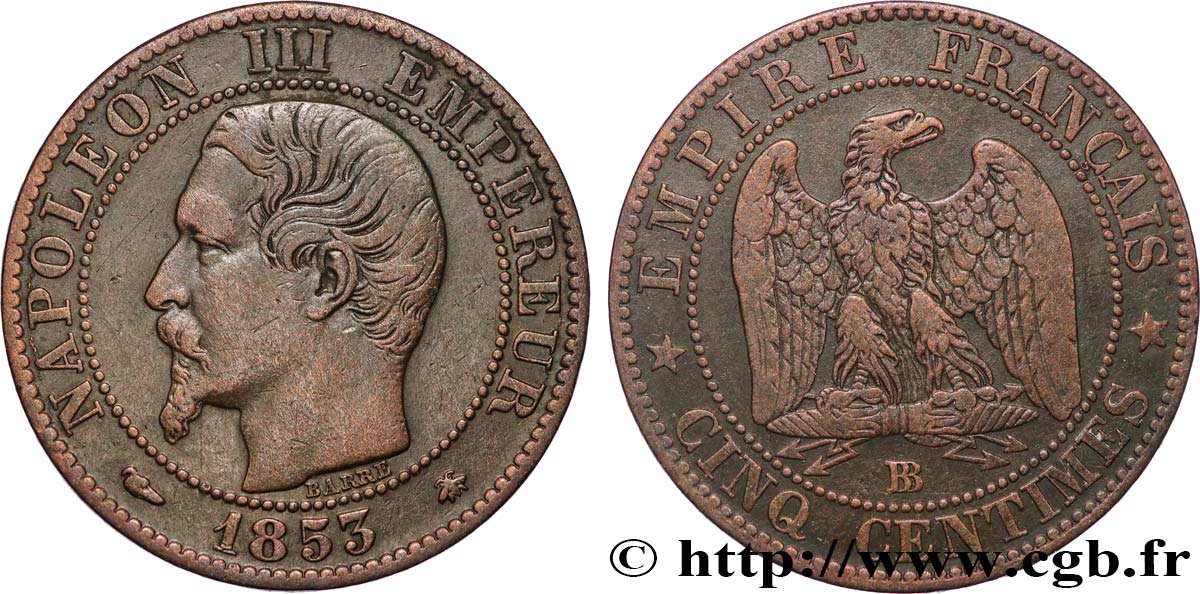 Cinq centimes Napoléon III, tête nue 1853 Strasbourg F.116/3 XF 