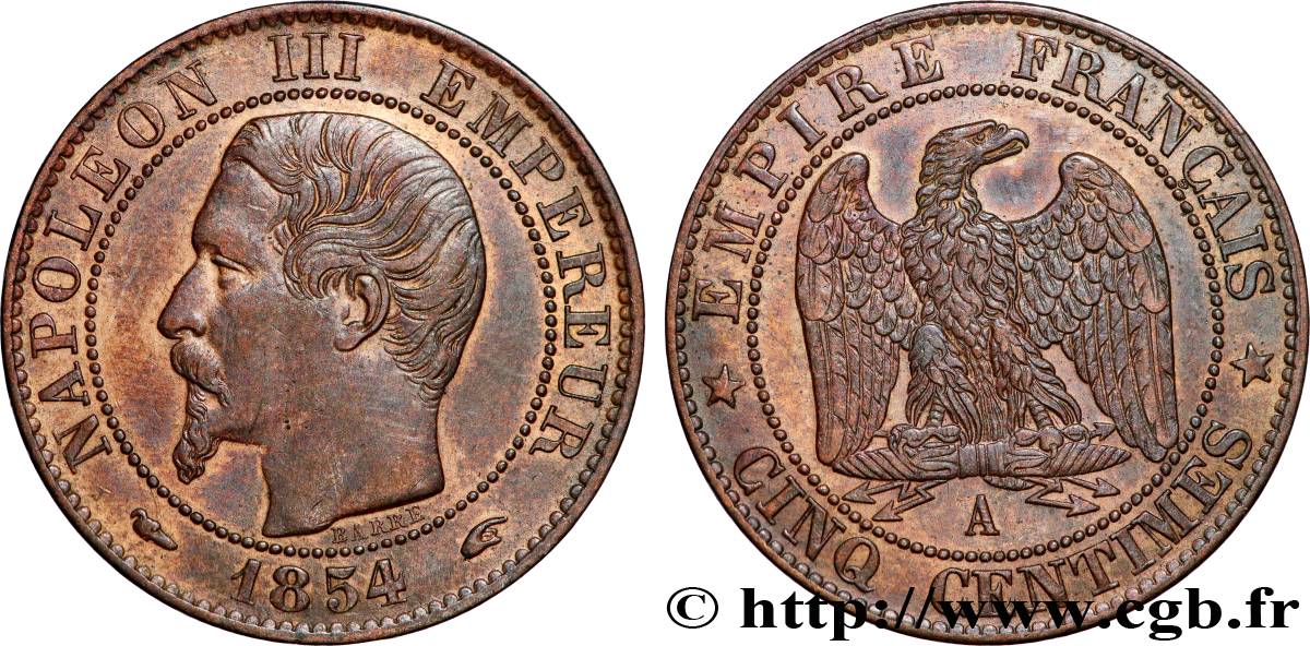 Cinq centimes Napoléon III, tête nue 1854 Paris F.116/8 AU 