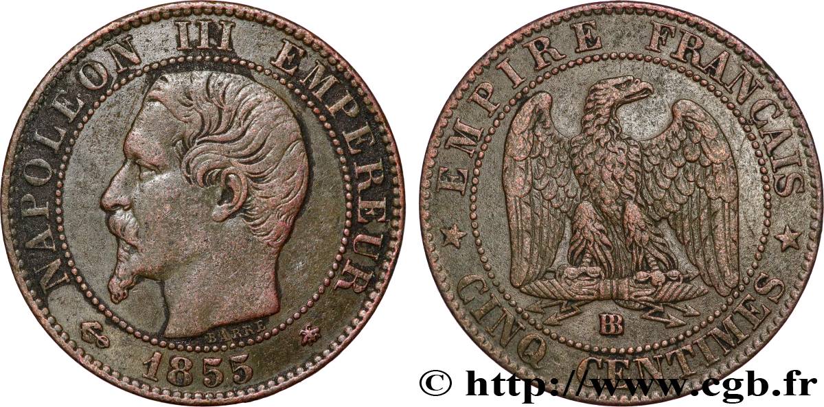 Cinq centimes Napoléon III, tête nue 1855 Strasbourg F.116/21 XF 