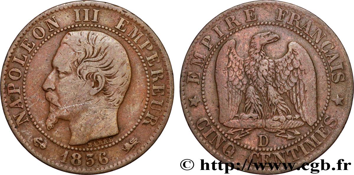 Cinq centimes Napoléon III, tête nue 1856 Lyon F.116/33 VF 