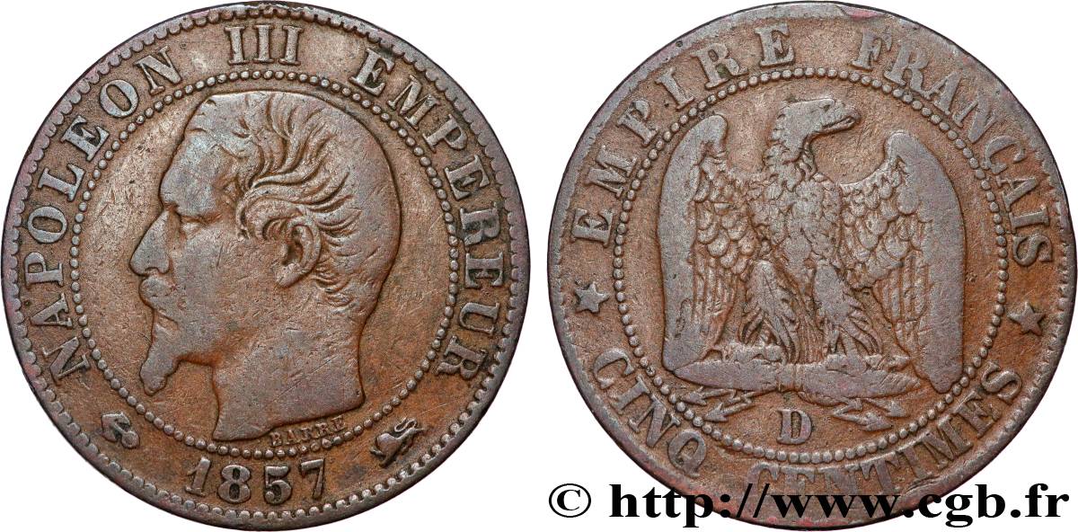 Cinq centimes Napoléon III, tête nue 1857 Lyon F.116/40 VF 