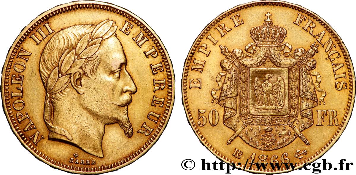50 francs or Napoléon III, tête laurée 1866 Strasbourg F.548/7 AU 