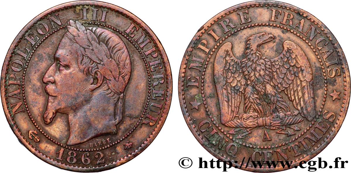 Cinq centimes Napoléon III, tête laurée 1862 Paris F.117/7 TTB 