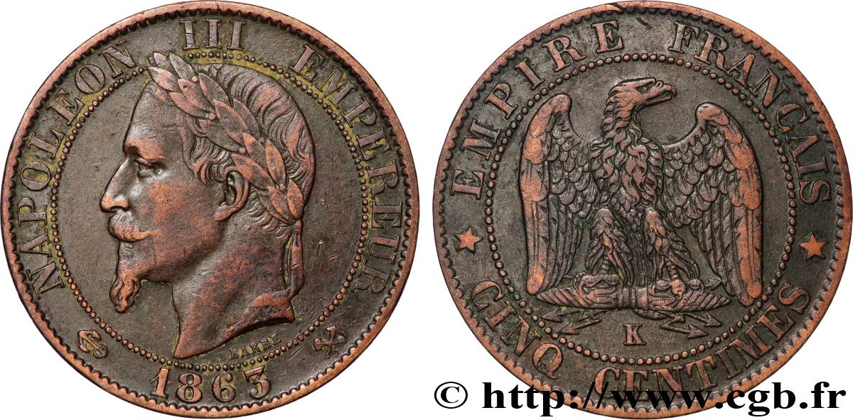 Cinq centimes Napoléon III, tête laurée 1863 Bordeaux F.117/12 SS 