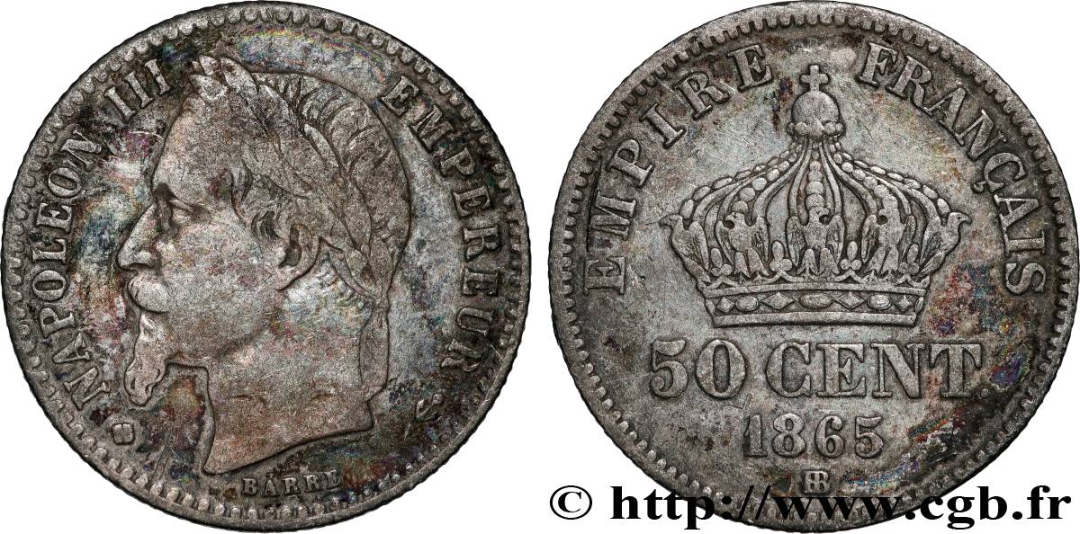 50 centimes Napoléon III, tête laurée 1865 Strasbourg F.188/7 VF 