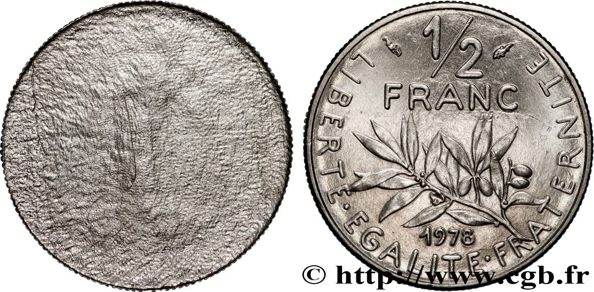 1/2 franc Semeuse, fautée flan splitté 1978 Pessac F.198/17 var. SUP+ 