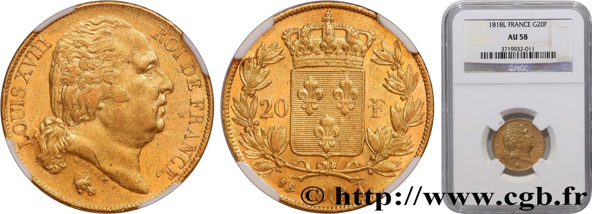 20 francs or Louis XVIII, tête nue 1818 Bayonne F.519/11 SUP58 NGC