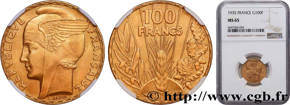100 francs or, Bazor 1935 Paris F.554/6 FDC65 NGC