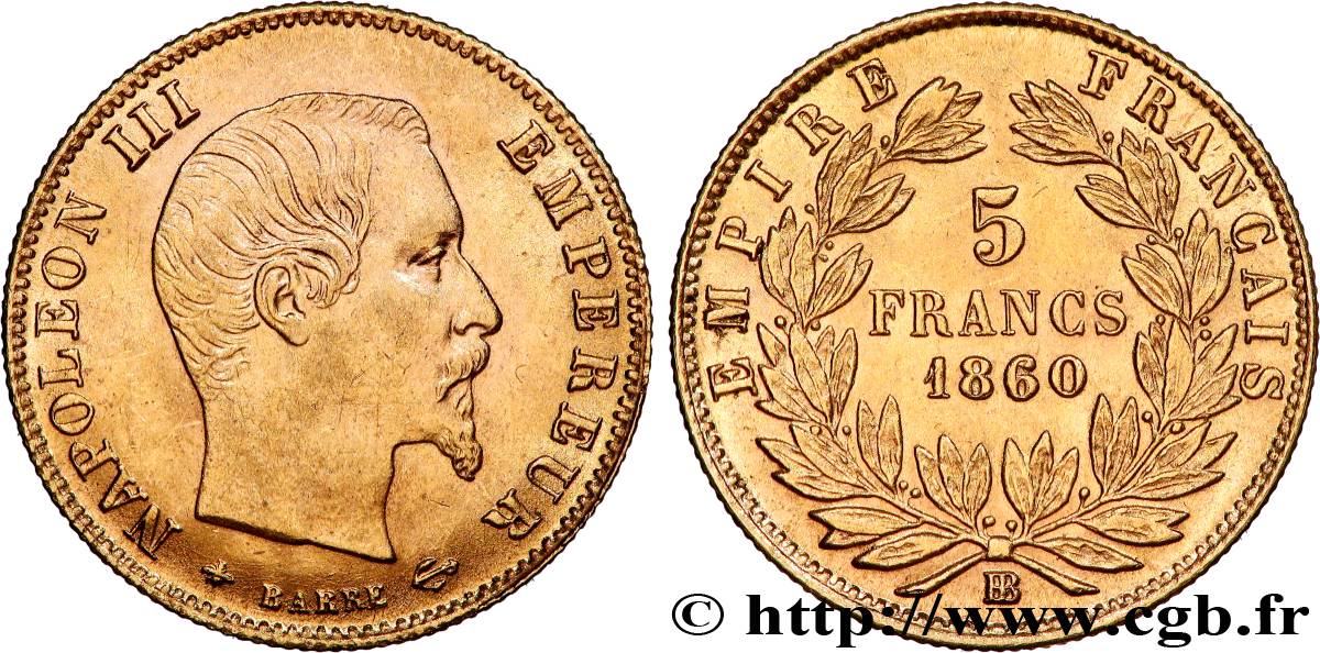 5 francs or Napoléon III, tête nue, grand module, en 60/50, 1860 Strasbourg F.501/12 SUP55 