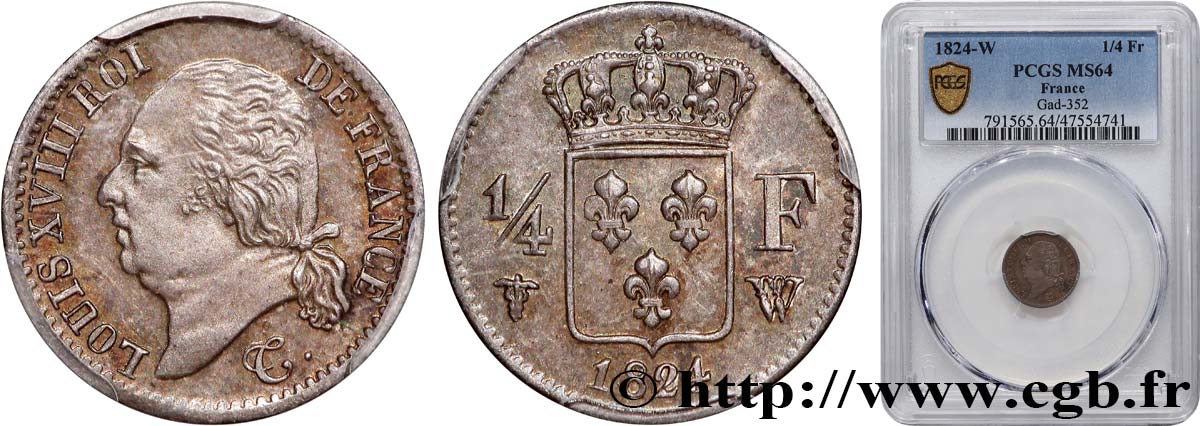 1/4 franc Louis XVIII 1824 Lille F.163/35 SPL64 PCGS