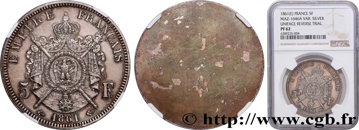 Essai Uniface en bronze argenté de revers de 5 francs Barre, Flan Bruni 1861 Paris VG.3579  SUP62 NGC