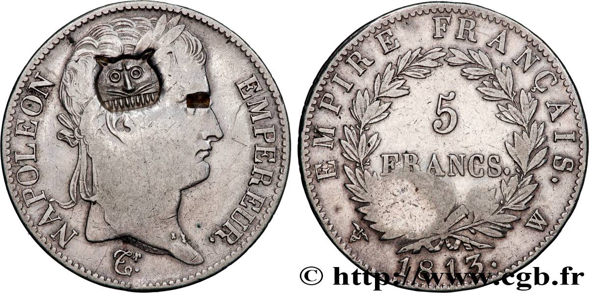 5 francs Napoléon Empereur, Empire français, contremarqué d’une tête de tigre 1813 Lille F.307/75 var. TB 