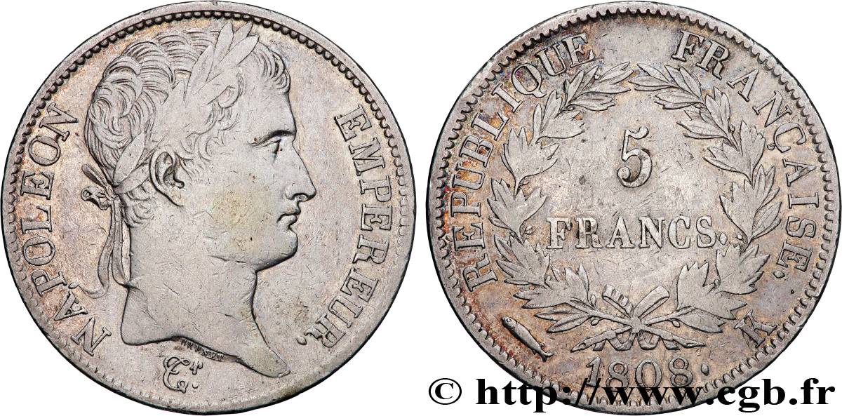5 francs Napoléon Empereur, République française 1808 Bordeaux F.306/8 VF 