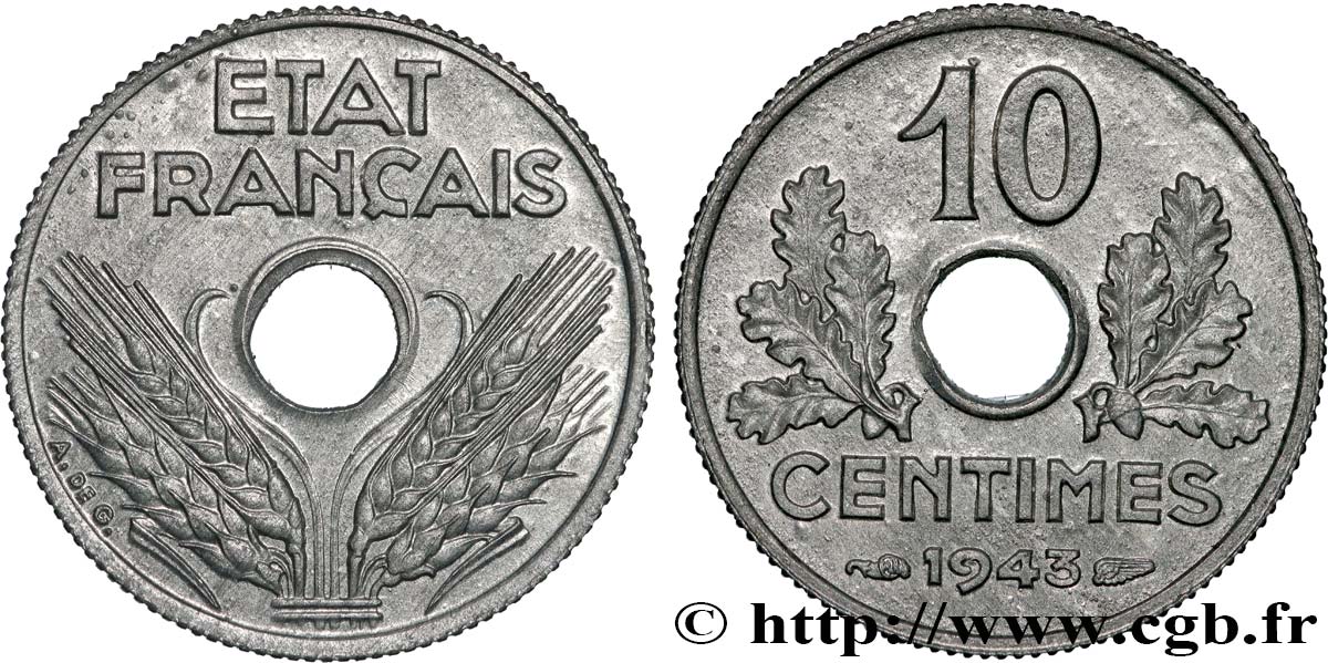 10 centimes État français, petit module 1943  F.142/2 SPL64 