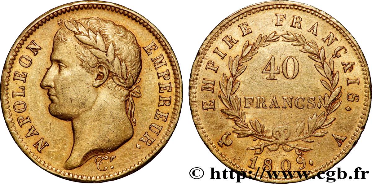 40 francs or Napoléon tête laurée, Empire français 1809 Paris F.541/1 AU50 