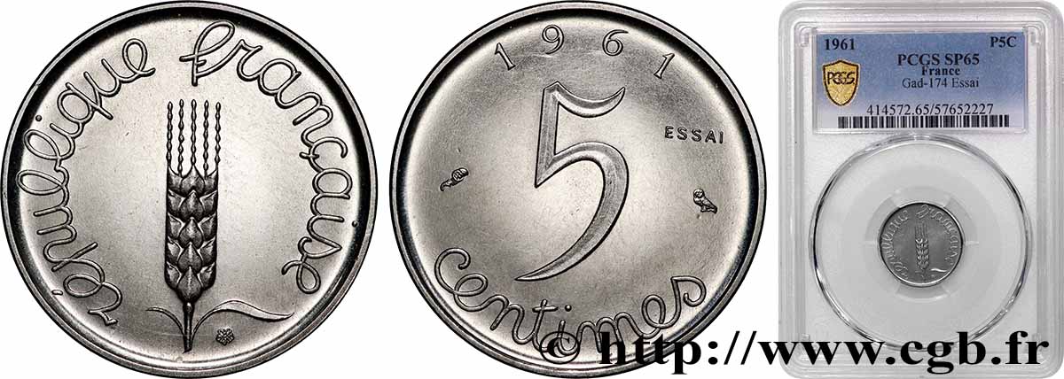 Essai de 5 centimes Épi 1961 Paris F.124/2 FDC65 PCGS