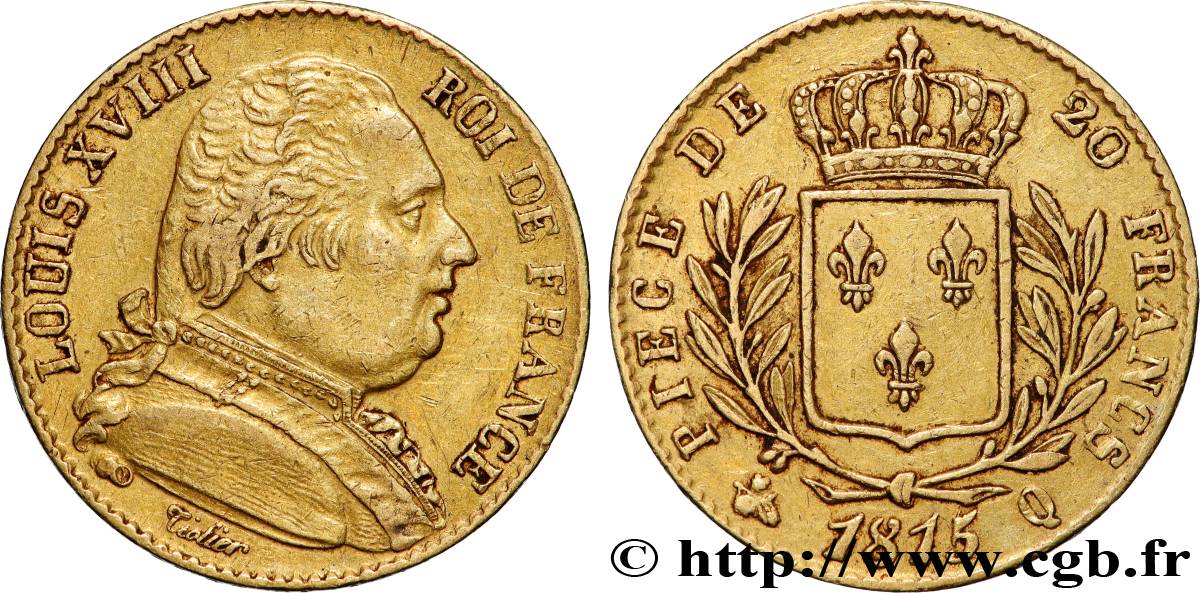 20 francs or Louis XVIII, buste habillé 1815 Perpignan F.517/17 TTB 