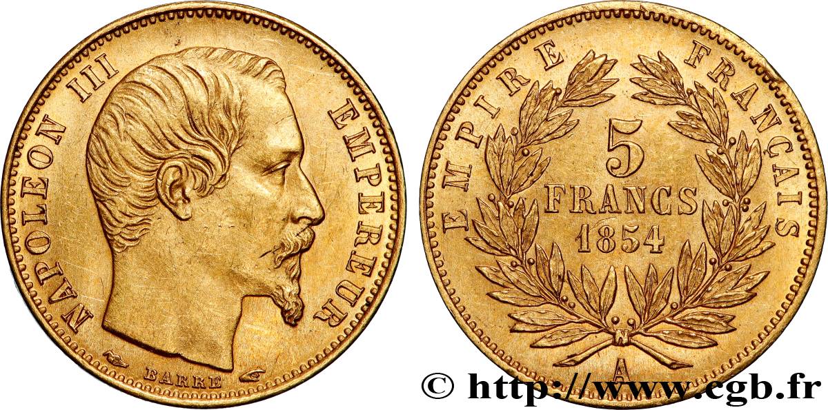 5 francs or Napoléon III, tête nue, petit module, tranche lisse 1854 Paris F.500/1 SUP+ 