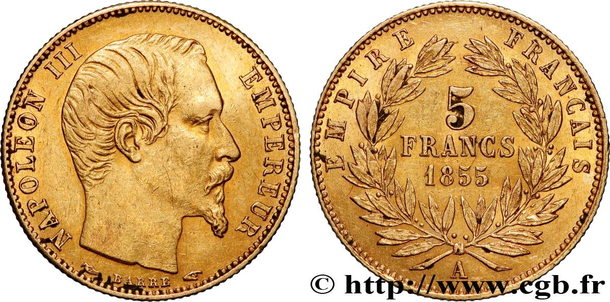 5 francs or Napoléon III, tête nue, petit module, tranche cannelée 1855 Paris F.500A/2 AU 