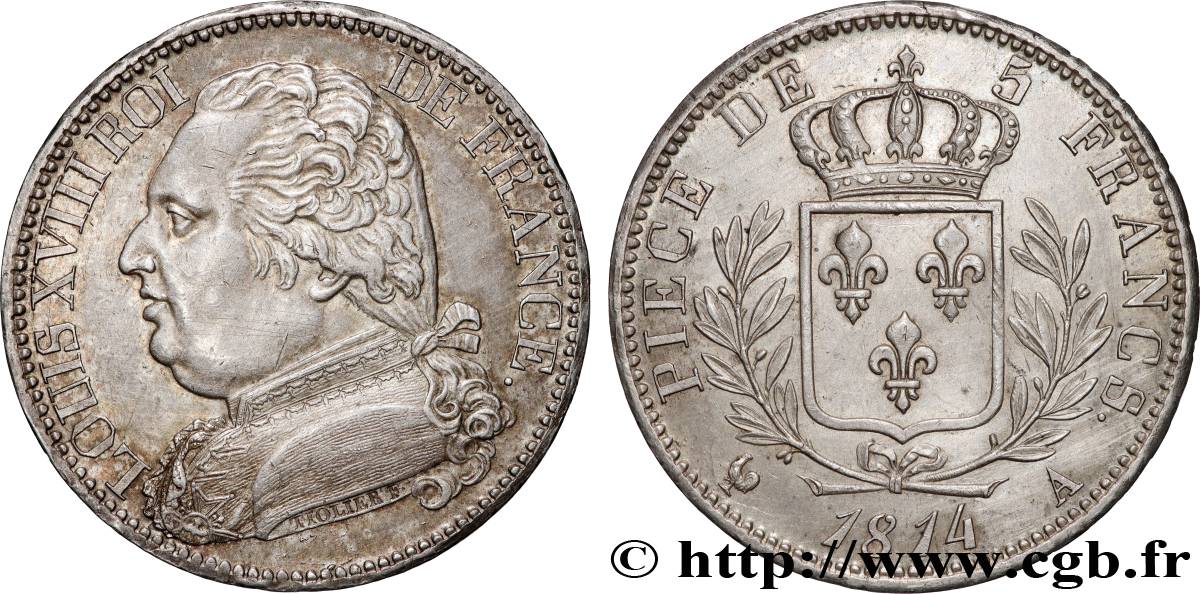 5 francs Louis XVIII, buste habillé 1814 Paris F.308/1 SUP 