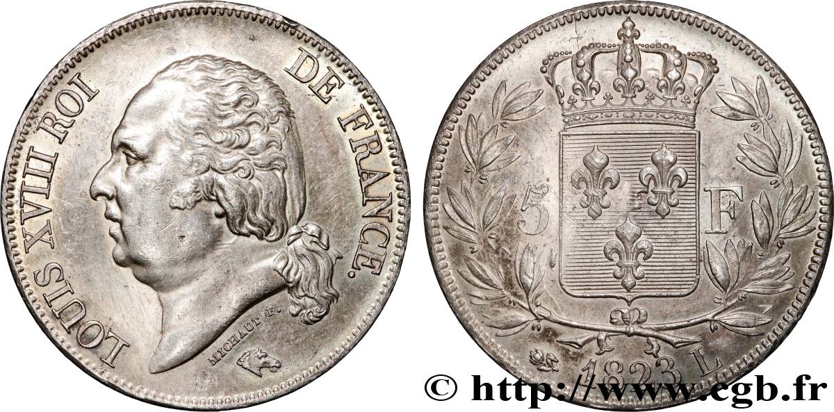 5 francs Louis XVIII, tête nue 1823 Bayonne F.309/83 AU 