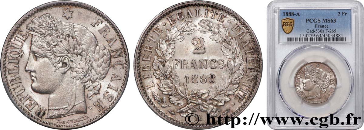 2 francs Cérès, avec légende 1888 Paris F.265/14 SPL63 PCGS