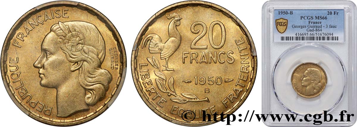 20 francs Georges Guiraud, 3 faucilles 1950 Beaumont-Le-Roger F.401/2 FDC66 PCGS