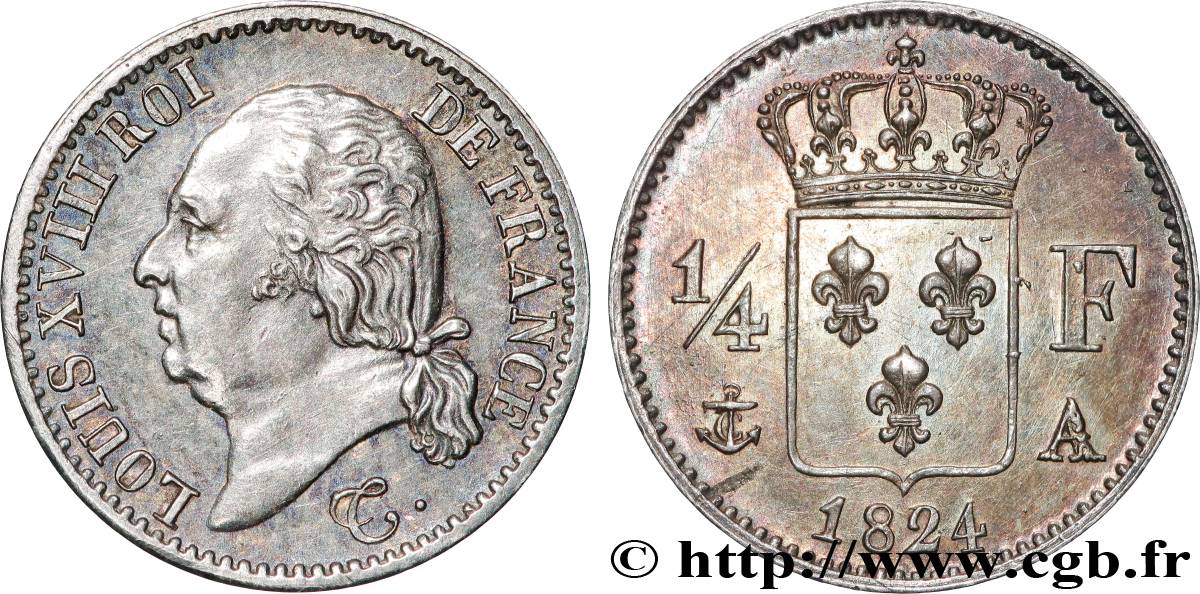 1/4 franc Louis XVIII  1824 Paris F.163/31 AU 