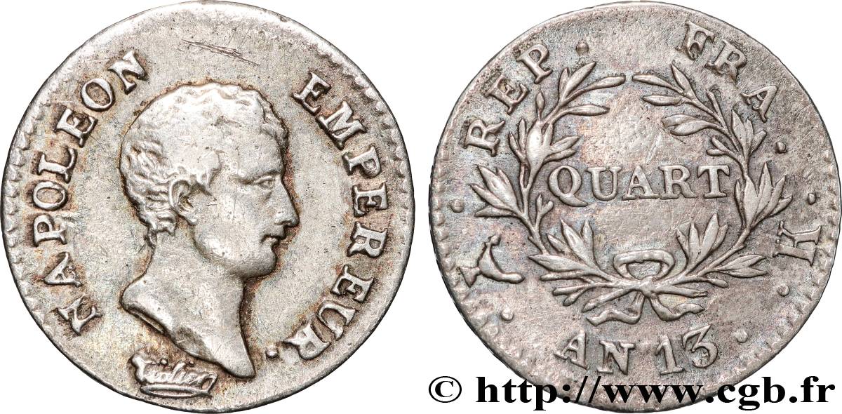 Quart (de franc) Napoléon Empereur, Calendrier révolutionnaire 1805 Bordeaux F.158/12 VF 