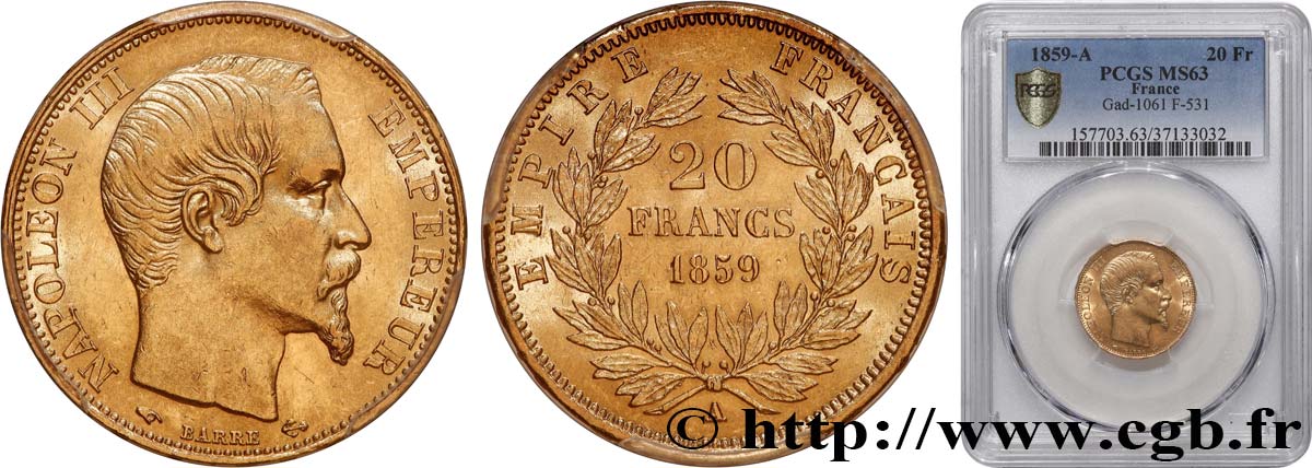 20 francs or Napoléon III, tête nue 1859 Paris F.531/15 SPL63 PCGS