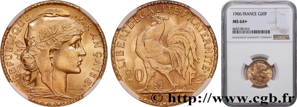 20 francs or Coq, Dieu protège la France 1906 Paris F.534/11 MS64 NGC