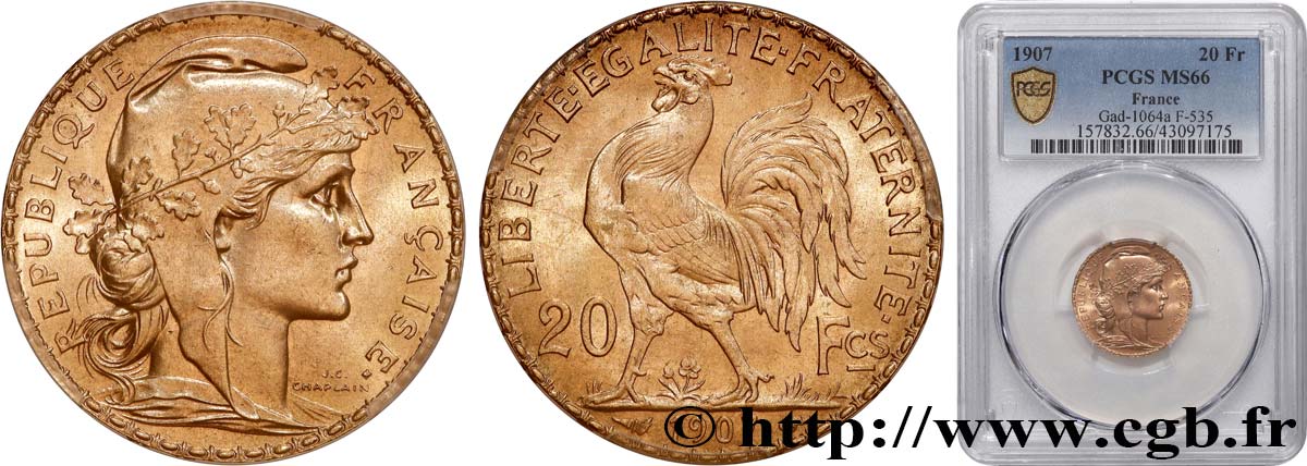 20 francs or Coq, Liberté Égalité Fraternité 1907 Paris F.535/1 MS65 PCGS