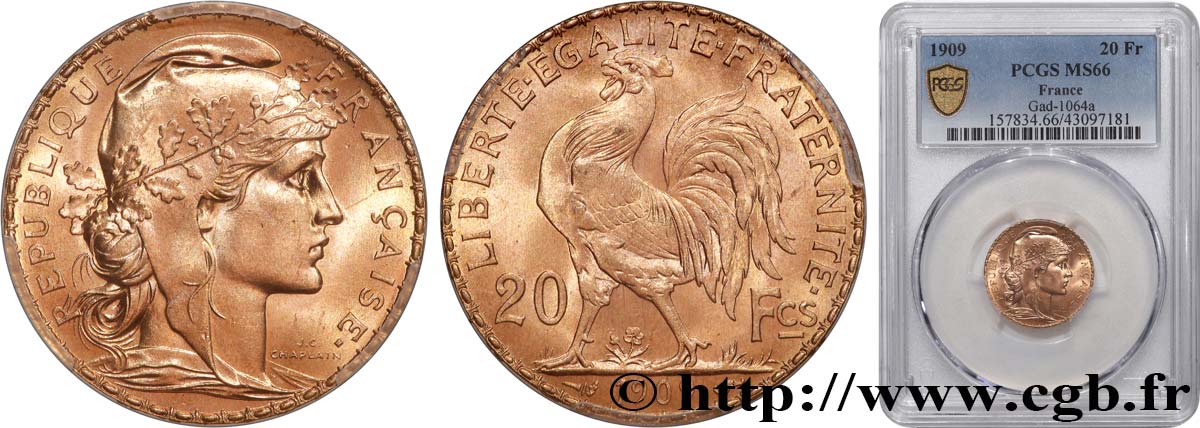 20 francs or Coq, Liberté Égalité Fraternité 1909 Paris F.535/3 MS66 PCGS