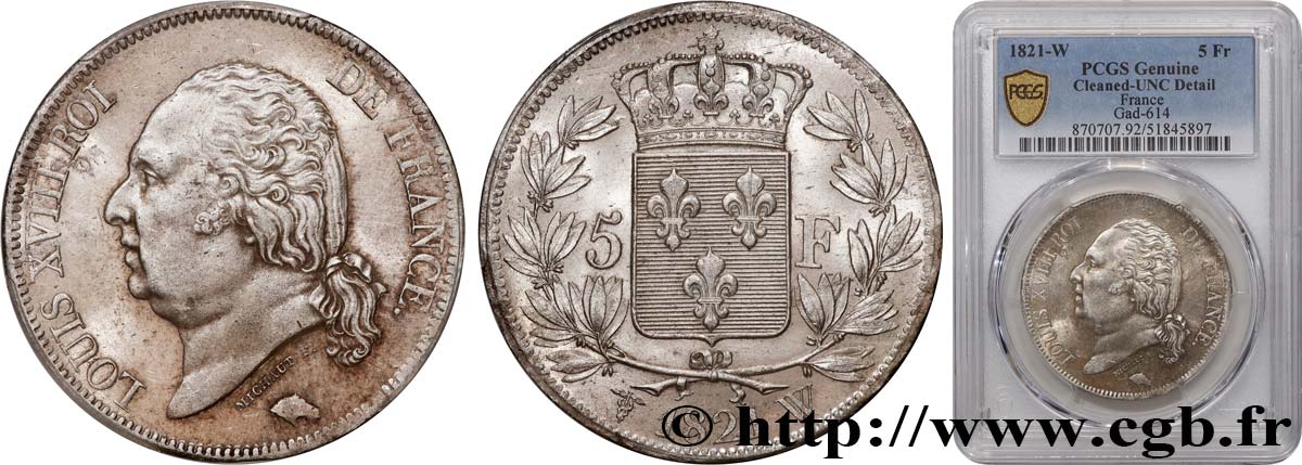 5 francs Louis XVIII, tête nue 1821 Lille F.309/67 SUP+ PCGS