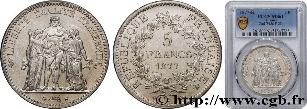 5 francs Hercule 1877 Bordeaux F.334/20 SUP61 PCGS