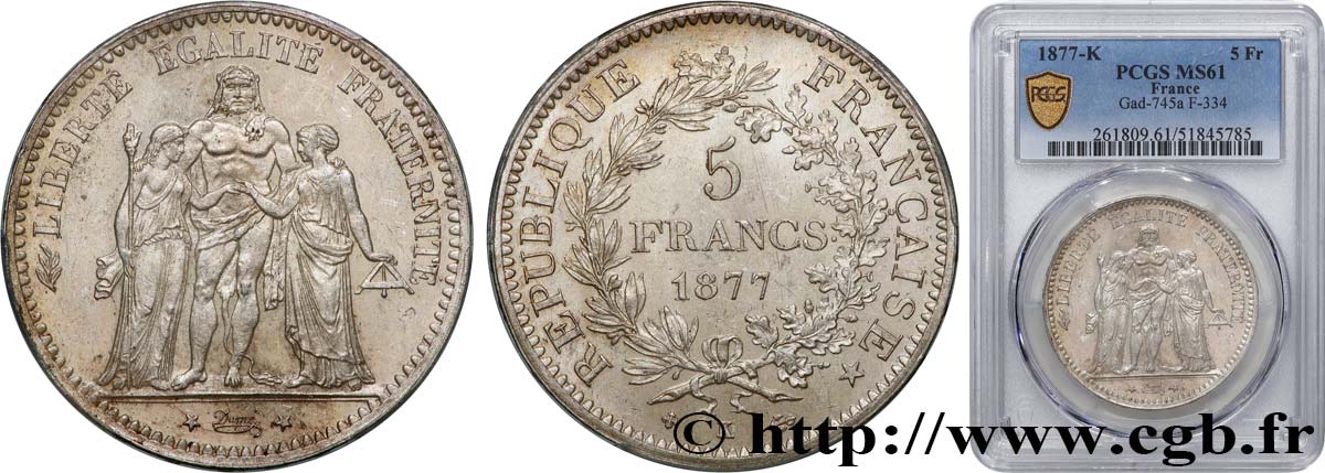 5 francs Hercule 1877 Bordeaux F.334/20 SUP61 PCGS