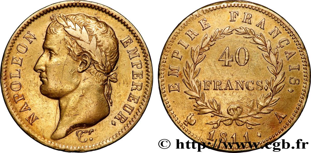 40 francs or Napoléon tête laurée, Empire français 1811 Paris F.541/6 XF 