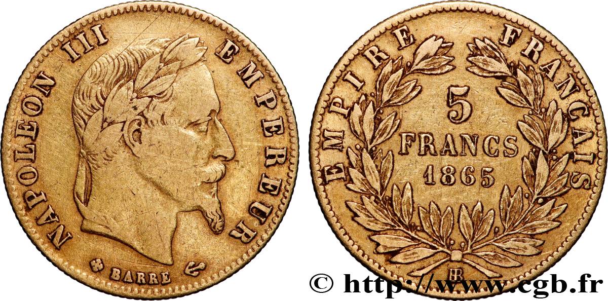 5 francs or Napoléon III, tête laurée 1865 Strasbourg F.502/8 TB 