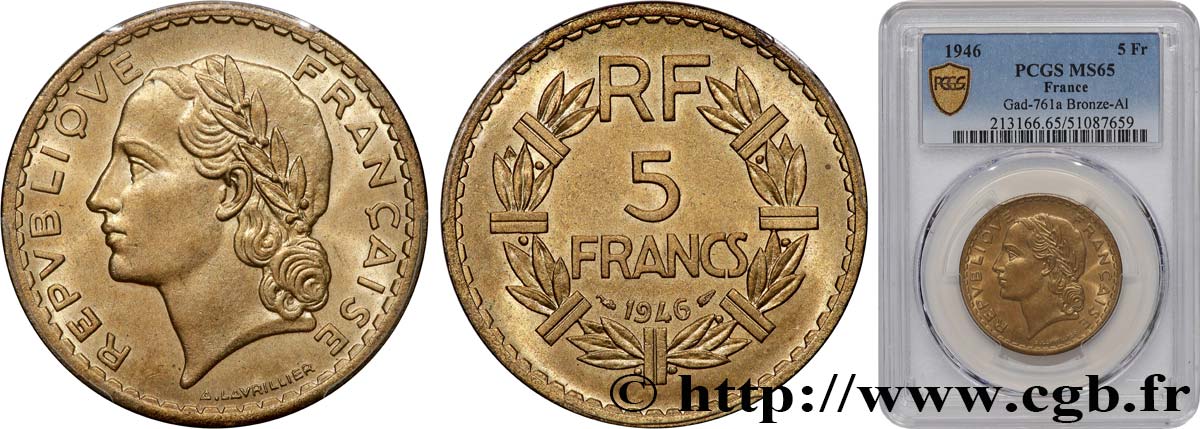 5 francs Lavrillier, bronze-aluminium 1946  F.337/7 FDC65 PCGS