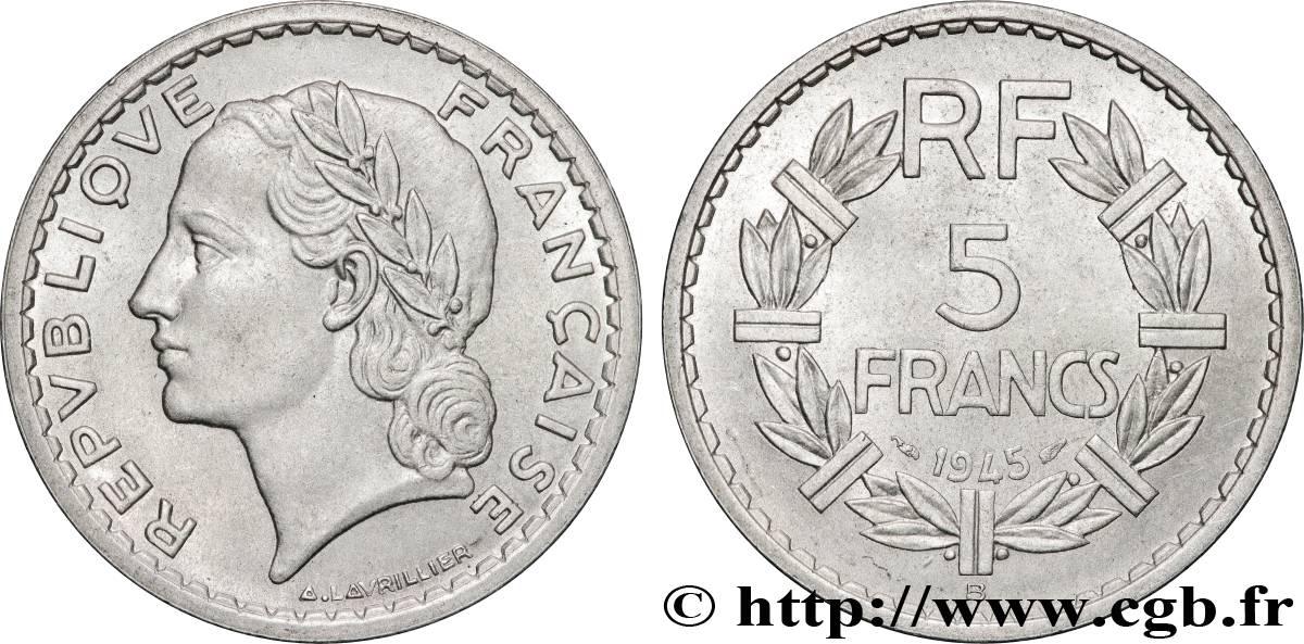 5 francs Lavrillier, aluminium 1945 Beaumont-Le-Roger F.339/4 SPL 
